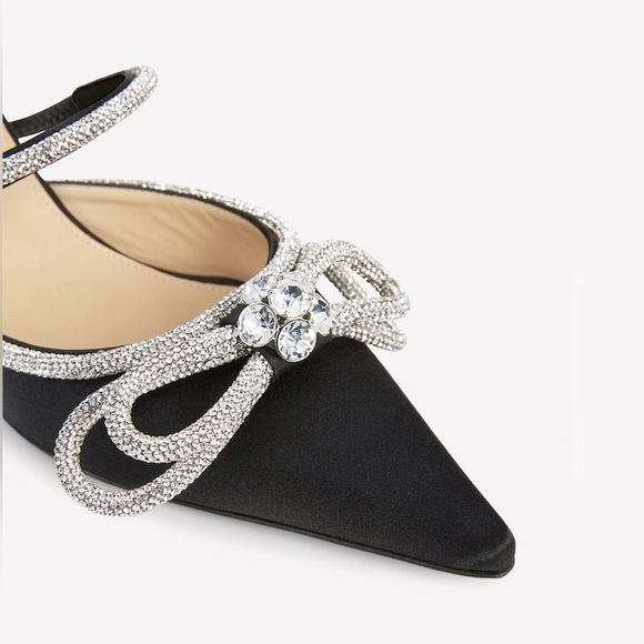 NWT Black Satin Rhinestone Bow Mule Heels - Picture 5 of 7